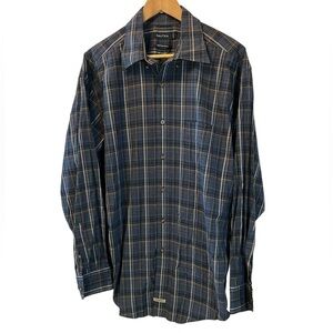 MENS NAUTICA Heather Poplin Blue Plaid Button Up Dress Shirt L